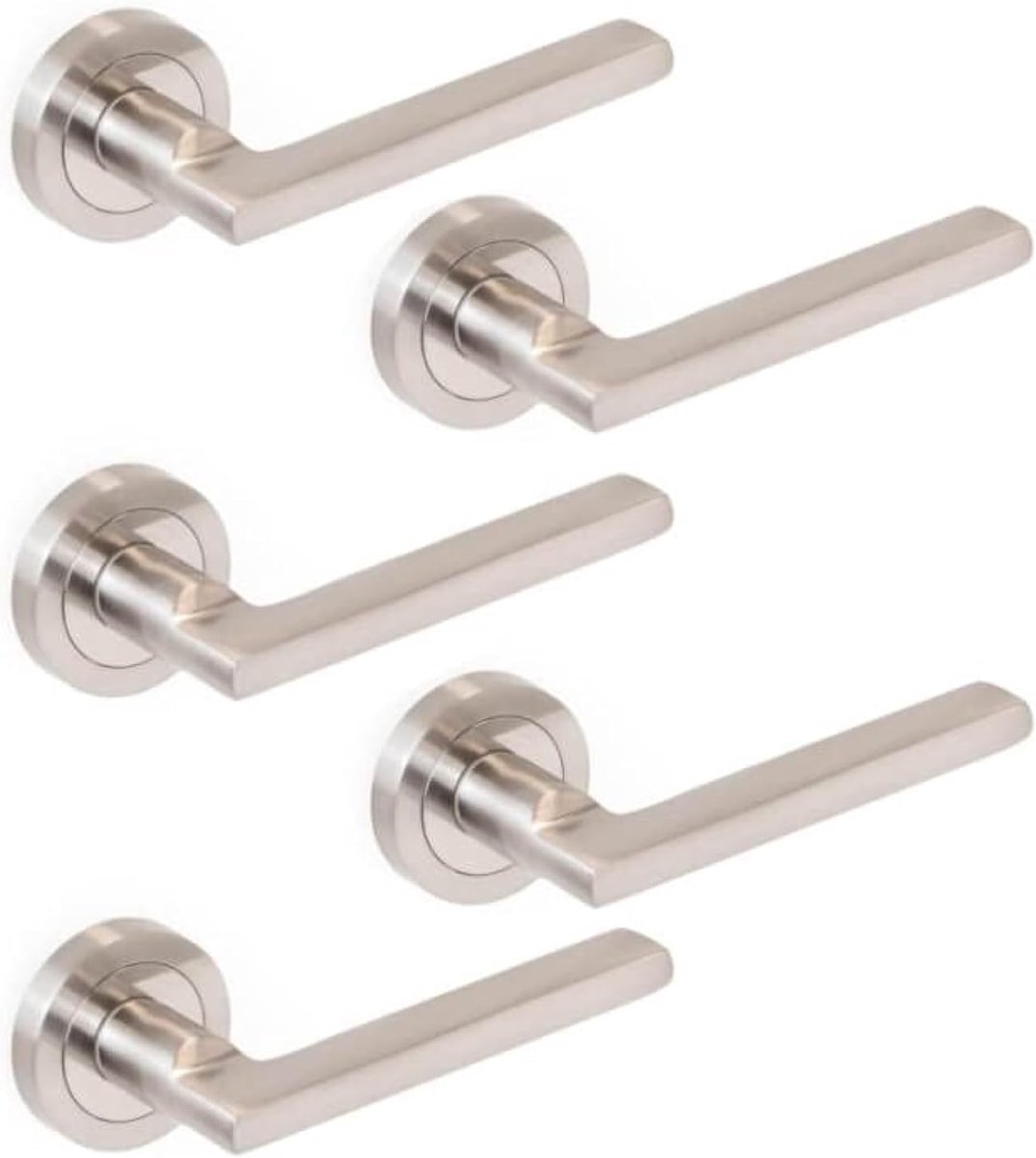 Deurklinkset voor binnendeuren, 5 stuks, met rozet, 50 mm, aluminium en zaak, gesatineerd nikkel