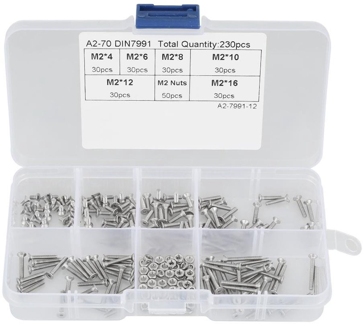 Schroeven Moeren, 230 stks Rvs M2 304 Platte Hoofd Bout Schroeven Moeren Assortiment Kit met Plastic Doos