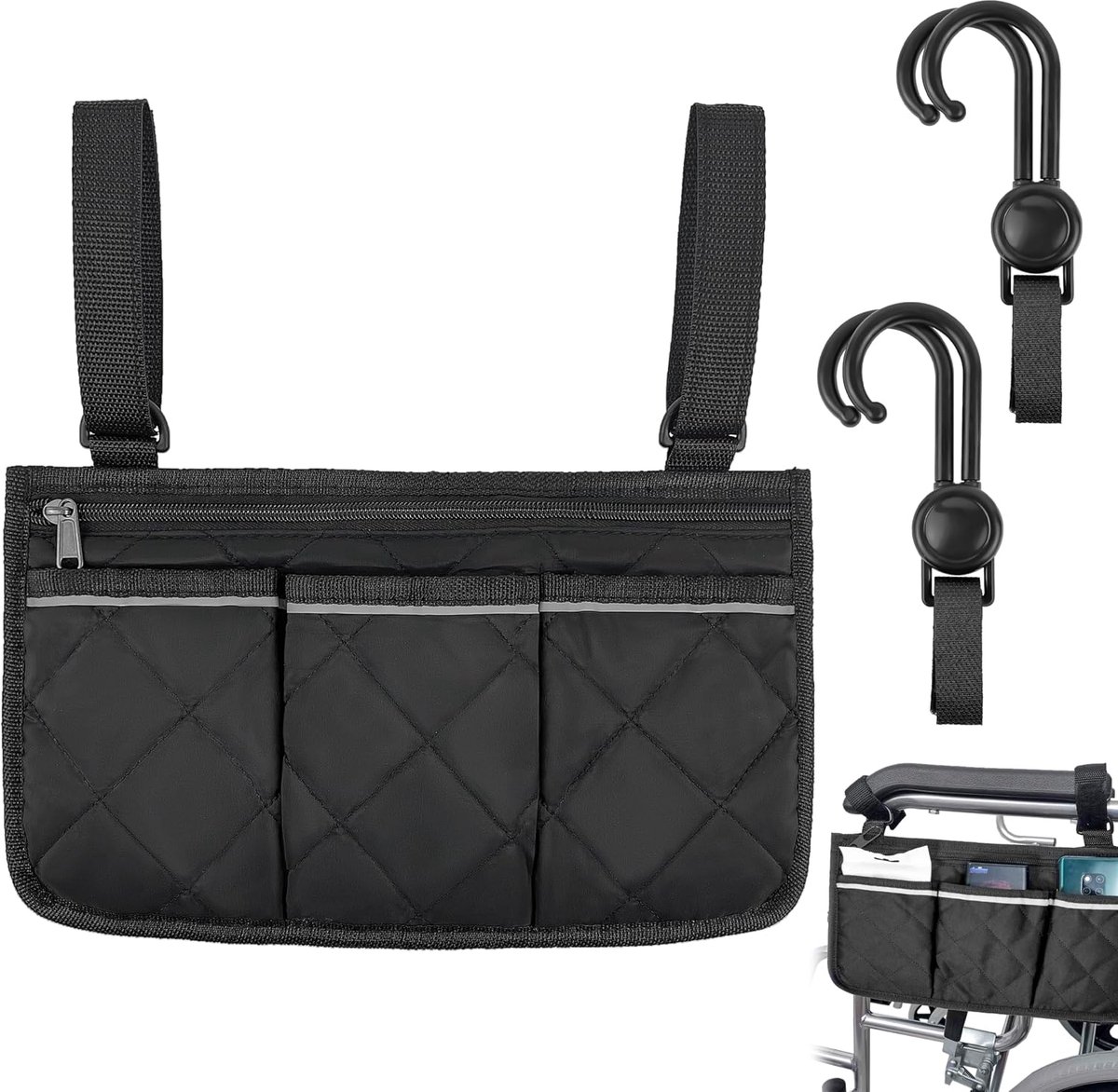 1 rolstoeltas, zwarte rolstoeltas met 4 haken voor rollatoren, bureaustoelen, rolstoelen, elektrische scooters, elektrische stoelen (32,5 x 18 cm)