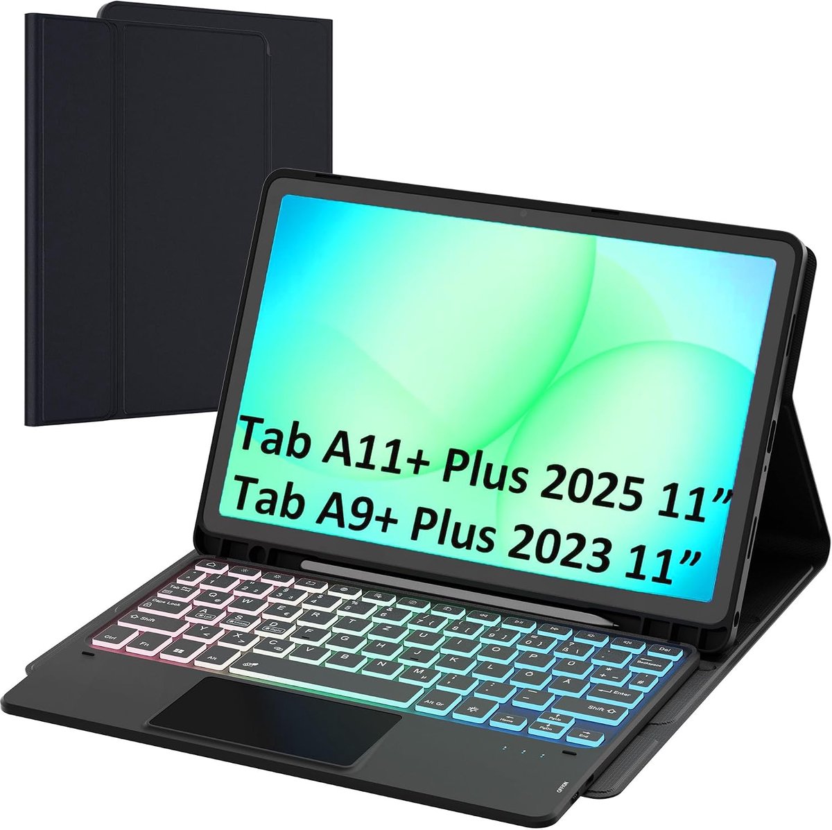 Hoes voor Samsung Tab A11+ Plus/A9+ Plus 11 inch met toetsenbord: Galaxy A11 Plus tablet toetsenbord met touchpad & 3-zone 7-kleurige verlichting - Duitse QWERTZ-lay-out toetsenbordhoes met penhouder