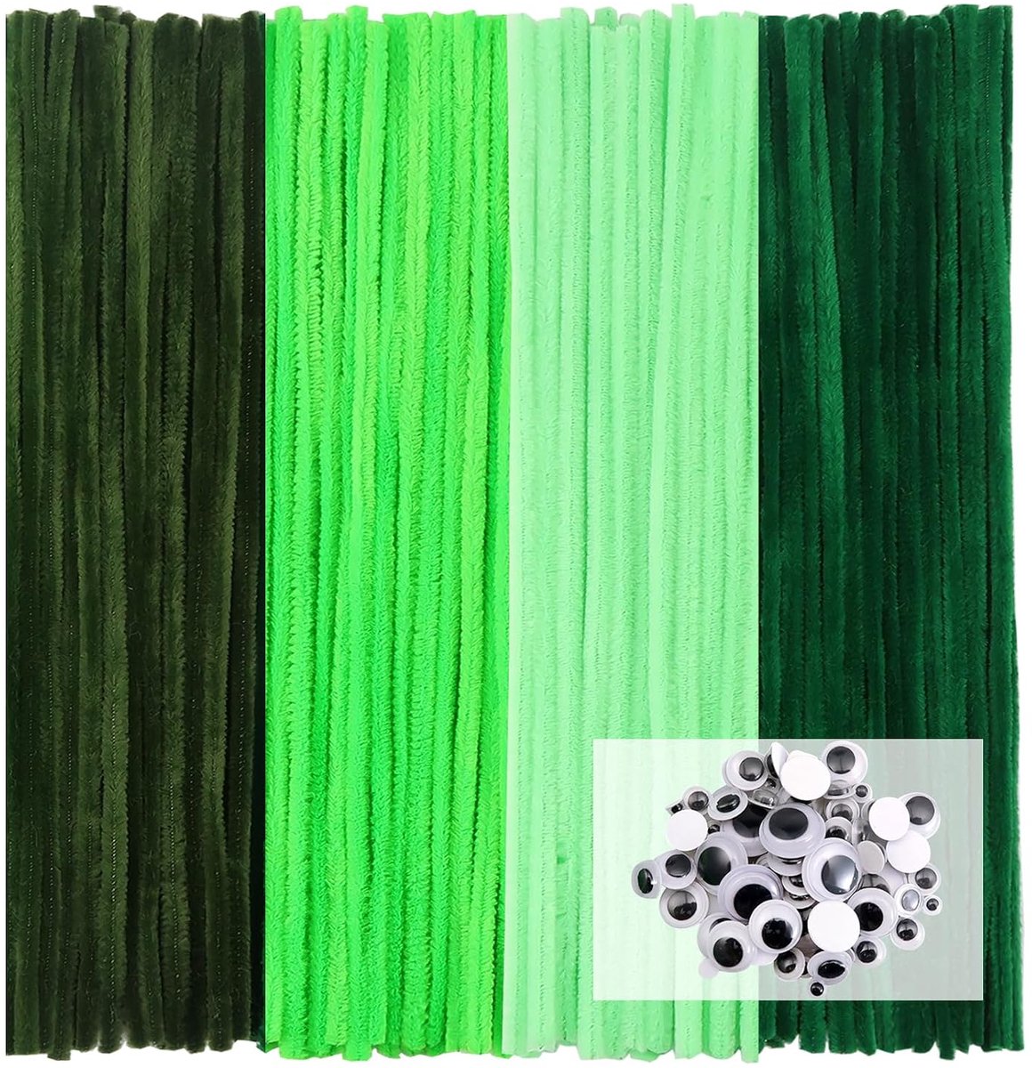 100 stuks Pijpenragers 4 Verschillende Groen Pijpenragers om te Knutselen Chenilledraad 30 cm x 6 mm met Zelfklevend Wiebelogen voor Creatieve doe-het-zelf Handwerk Decoratie