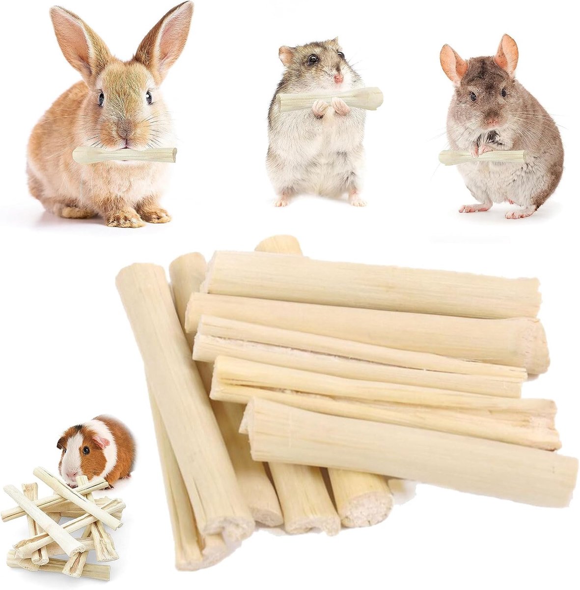 Knabbelstokjes voor konijnen, Timothy hooisticks, 200 g bamboe kauwspeelgoed, konijnenspeelgoed, chinchilla's kauwspeelgoed voor konijnen, hamsters, chinchilla