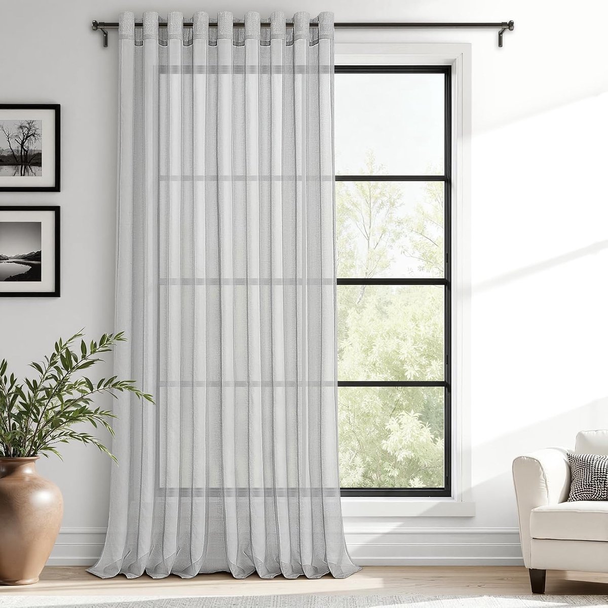 Moderne gordijnen, semi-transparant, kort, met zeilringen, linnenlook voor woonkamer, grijs, 245 x 300 cm (H x B), set van 1