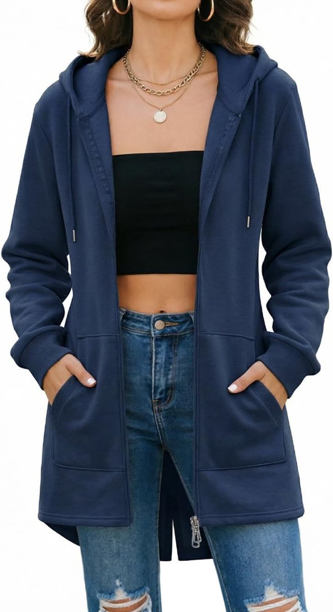 Jas met capuchon voor dames, oversized met ritssluiting, warme winterjas, mantel, lange mouwen, cardigan met capuchon, gebreide jas met zakken