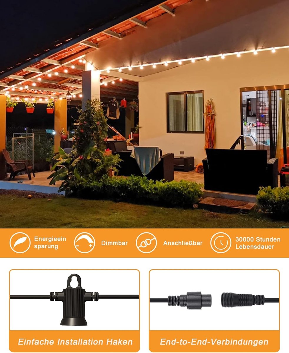 7,6 m lichtketting voor buiten, G40, lichtketting voor buiten, met 12 + 1 led-gloeilampen, waterdicht conform IP65, voor binnenplaats, tuin, terras, bruiloft, feesten (warmwit)