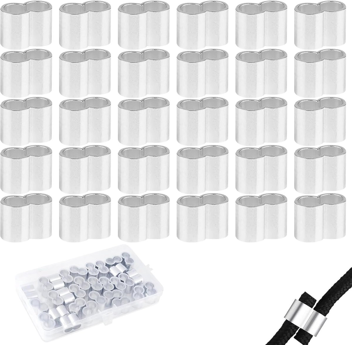 31 stuks wurgklemmen, 8 mm aluminium krimplus, kokklemmen, professionele kabelklem, met opbergdoos, dubbele hulzen, persklemmen, voor rubberen touw, expandertouw, rubberen koord