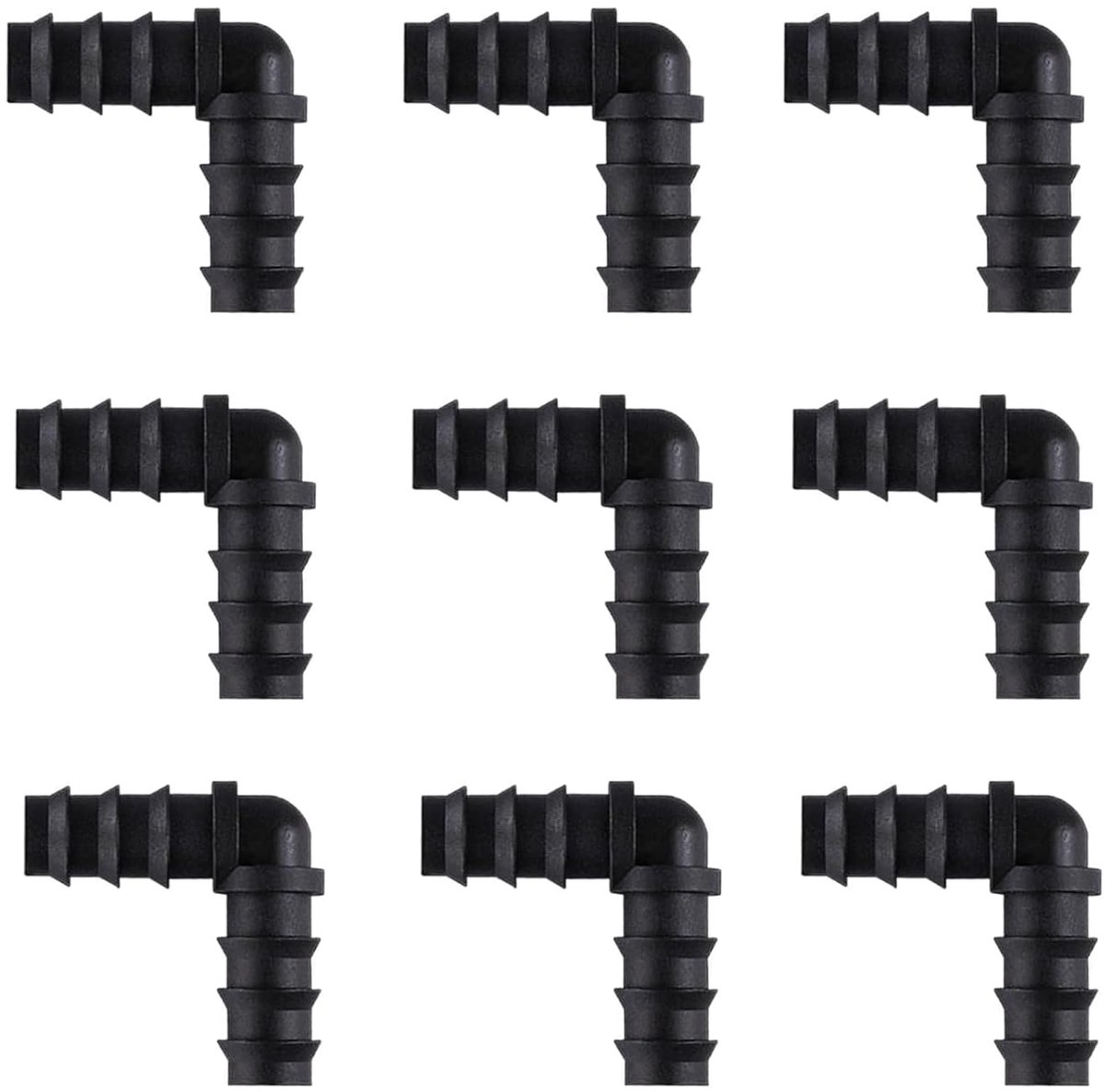 9 stuks L slangverbinders, 13,0 mm (1/2 inch) hoekverbinder, 90 graden boog, hoekverbinder, zwart, slangfitting accessoires, slangaansluiting voor irrigatiesysteem