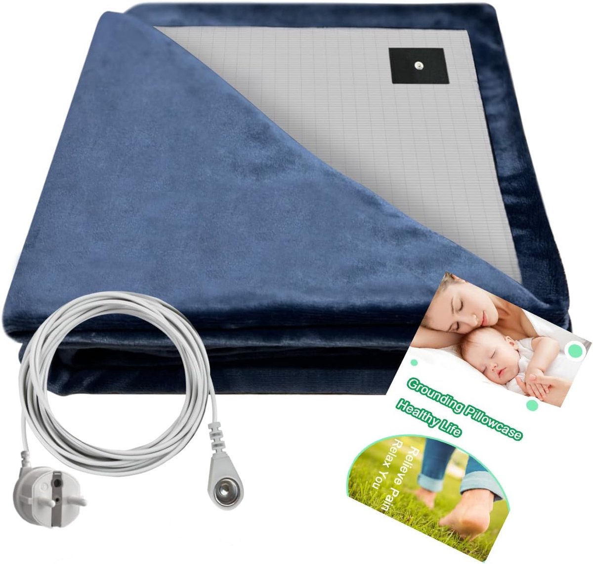Aardingsdeken voor bed-slaaptherapie, 200 x 140 cm, Grounding Blanket, geaarde deken voor pijnverlichting, betere slaap, energie, geleidend blad (donkerblauw)