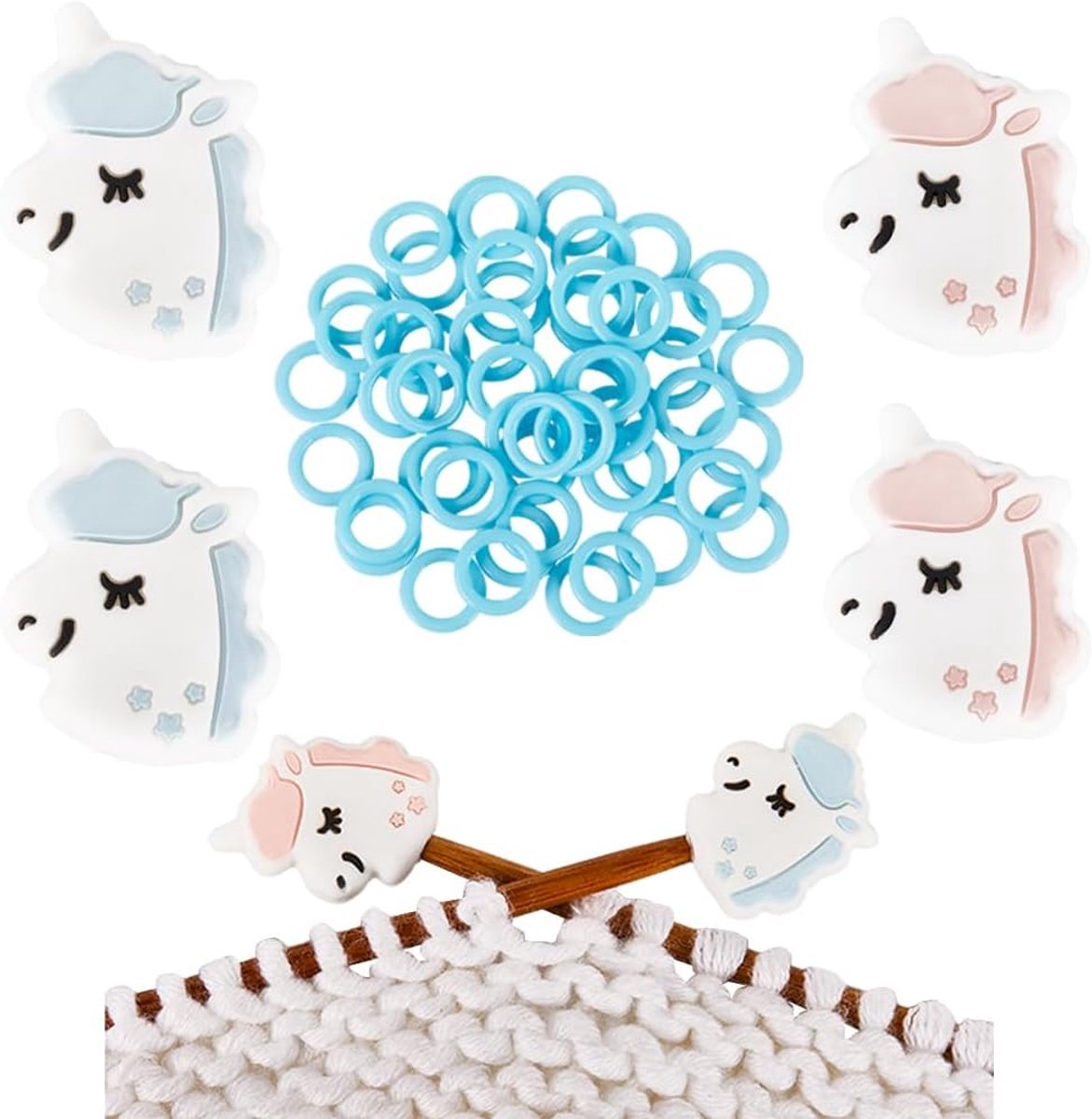 1 Doos 54 Stks Breien Stoppers Stitch Stopper Leuke Blauw Roze Eenhoorn Siliconen Naald Punt Beschermers met Plastic Vergrendeling Haak Markers Ringen voor Quilten Breinaalden End capss