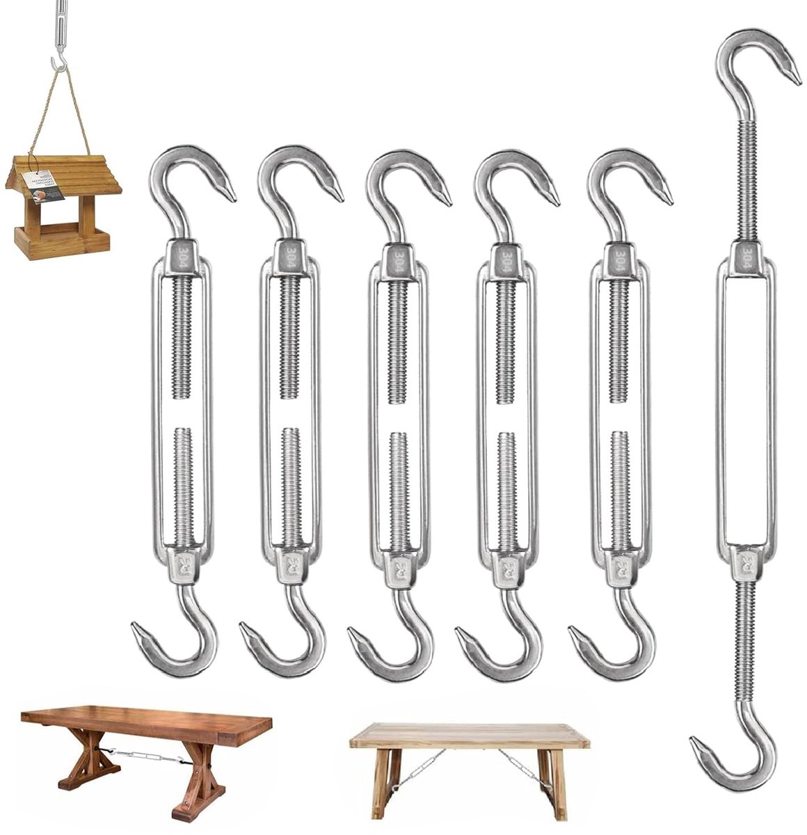 Pack van 6 M6 Touw Spanners, Roestvrij Staal 304 Turnbuckle Wire Spanner, Verstelbare Turnbuckle Haken en Haken, Op Zwaar Werk Berekende Draadkabel Spanning voor Tuindraad