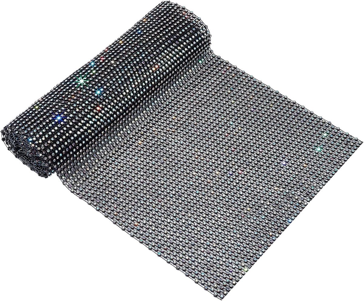 Stof (21,6x91,4cm) Zwart Glitter Rijnsteen Net Strekbare Snijbare Holle Mesh Stof met AB Kristal Rijnstenen voor Kleding, Rugzak Zak, Koffervoering