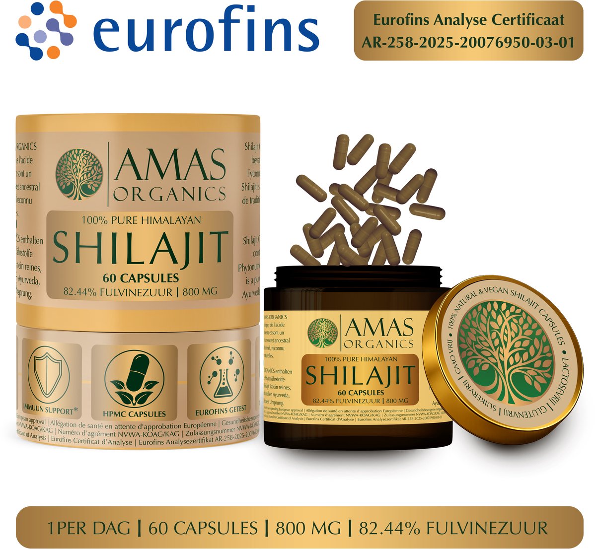 AMAS ORGANICS | 100% PURE HIMALAYAN SHILAJIT CAPSULES | 82,44% FULVINEZUUR | 800 MG SHILAJIT | 60 CAPSULES | VEGAN | PUUR EN NATUURLIJK | RECYCELBARE GLAZEN POT | EUROFINS ANALYSE CERTIFICAAT AR-24-IR-021574-01 MEEGESTUURD BIJ ELKE BESTELLING
