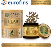 AMAS ORGANICS | 100% PURE HIMALAYAN SHILAJIT CAPSULES | 82,44% FULVINEZUUR | 800 MG SHILAJIT | 60 CAPSULES | VEGAN | PUUR EN NATUURLIJK | RECYCELBARE GLAZEN POT | EUROFINS ANALYSE CERTIFICAAT AR-258-2025-20076950-03-01 MEEGESTUURD BIJ DE BESTELLING