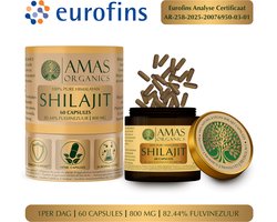AMAS ORGANICS | 100% PURE HIMALAYAN SHILAJIT CAPSULES | 82,44% FULVINEZUUR | 800 MG SHILAJIT | 60 CAPSULES | VEGAN | PUUR EN NATUURLIJK | RECYCELBARE GLAZEN POT | EUROFINS ANALYSE CERTIFICAAT AR-258-2025-20076950-03-01 MEEGESTUURD BIJ DE BESTELLING