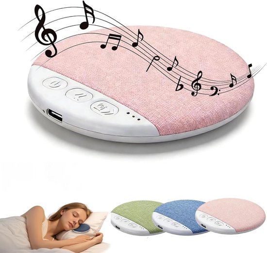 Haut-parleur d'oreiller Bluetooth rose avec bordure blanche, boutons de commande et notes de musique. La vue du bas montre des haut-parleurs roses, verts et bleus.