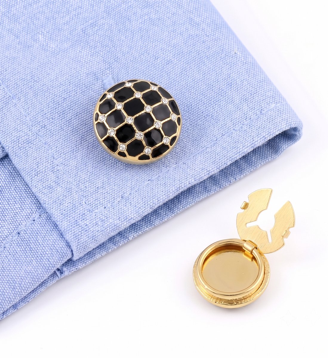 Button Covers Set van 2 - Knoop Covers voor Overhemden & Blouses - Met Emaille Motief & Strass Steentjes - Manchetknopen Alternatief - Accessoires Cadeau - zwart