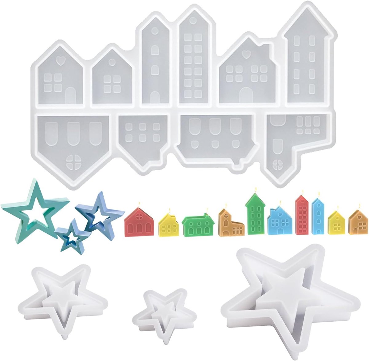 3 stuks kerstster siliconen mal en 12 stuks siliconen mal huis, multifunctionele ster siliconen hars mallen, gemakkelijk demonteren, voor kerstboom ornament decoratie doe-het-zelf cadeau