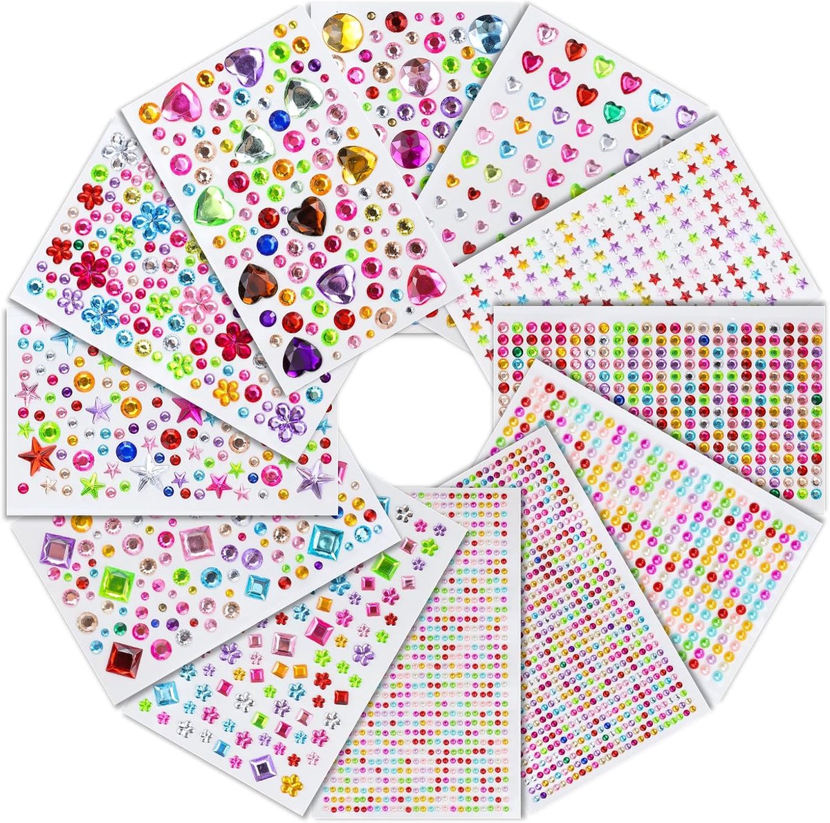 Set - 3800 Stuks Zelfklevende Strassteentjes in 12 Vellen - Met Veel Vormen en Kleuren voor Knutselen en Gezichtsbody Art, Gezicht Make-up, Nagels en DIY Decoratie