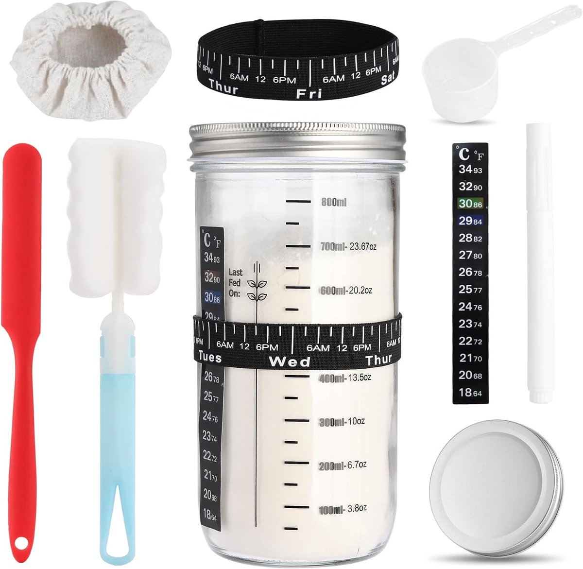 1000ml Zuurdesem Starter Set met Schaalverdeling, Fermentatieglas met Deksel, Zuurdesem Glas met Meetlint en Roerstaaf van Siliconen, Fermentatie Starter Set voor het Bakken van Zuurdesembrood