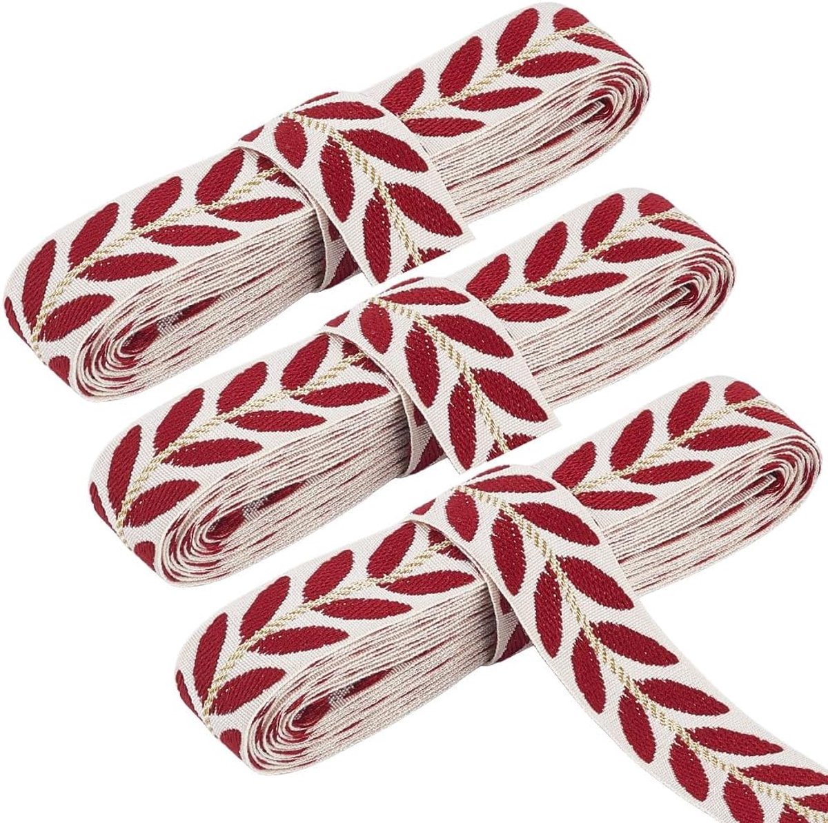 8.23M 25mm Rood Geborduurd Lint Trim Tape Polyester Jacquard Linten Blad Patroon Etnische Borduurwerk Geweven Stof Trimmings Voor Naaien Maken Kleding Thuis Party Bruiloft Decor Diy Supply