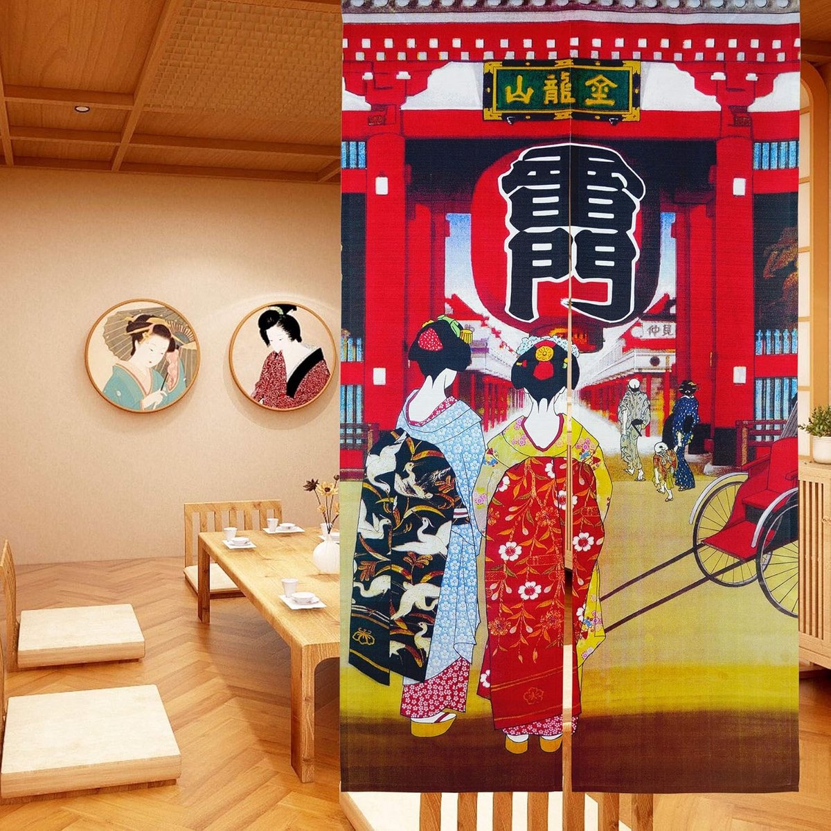 Noren Japanse stijl deuropeningsgordijn, geisha meisjes in kimono's, lang type deurtapijt, raambekleding voor huisdecoratie, 85 x 149,9 cm