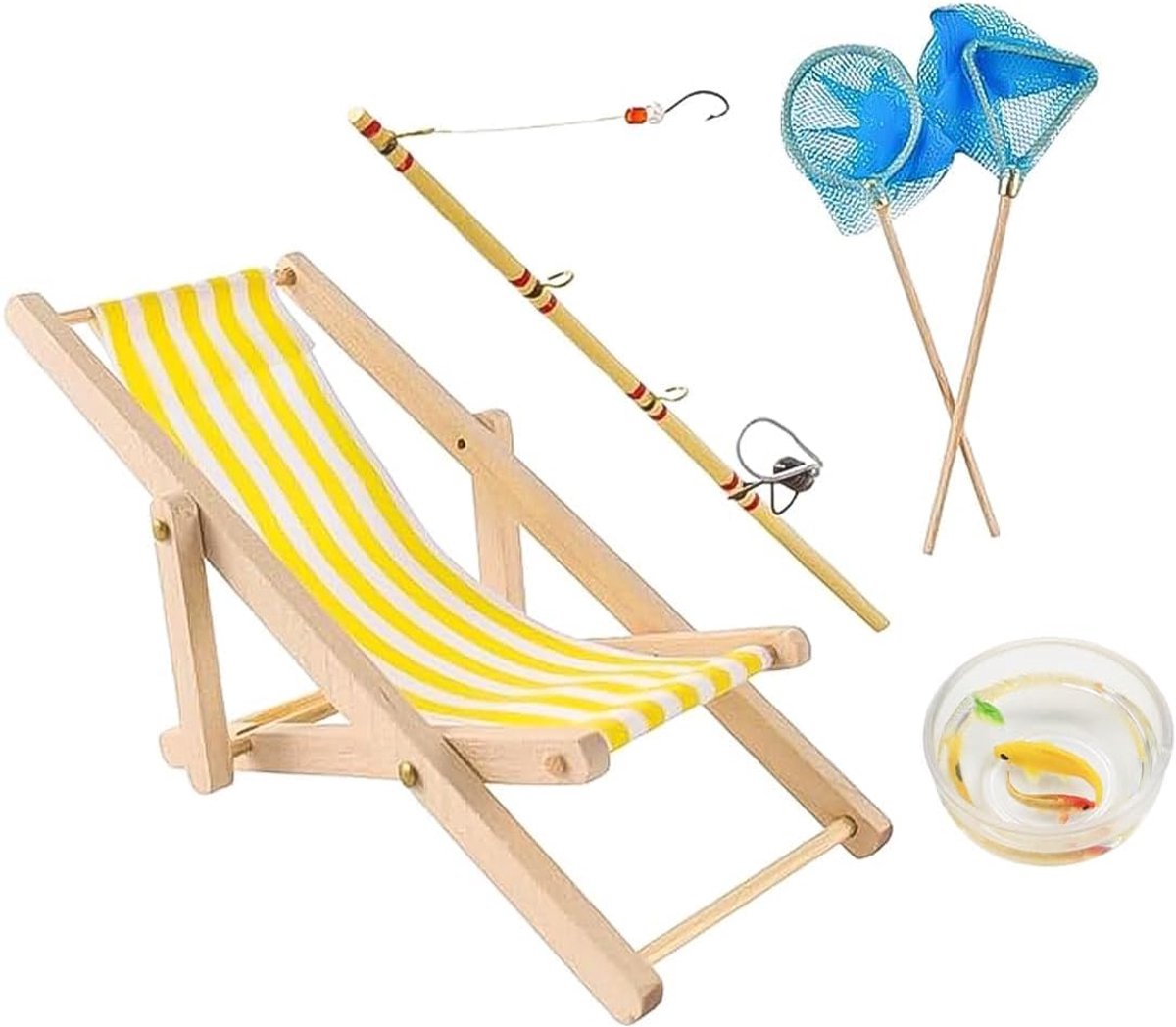 Miniatuur Hengel Set van 5 Vissen Stoel Visnet Viskom met Visser Vissen Cake Topper Cake Decoratie Miniatuur Kabouter Accessoires Decoraties voor