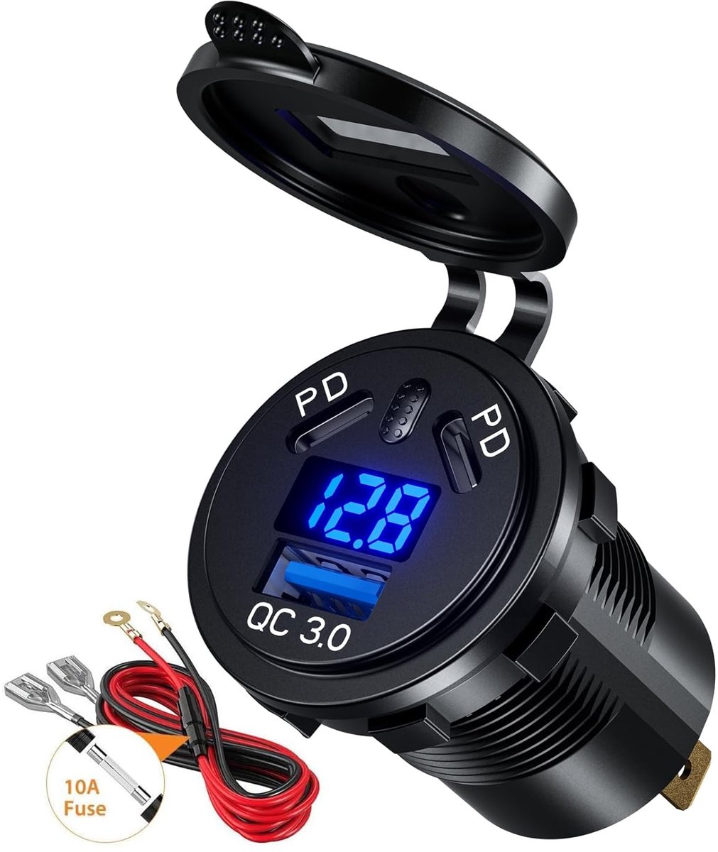 108W Dual PD USB Autolader Snellader, 12V USB Inbouw Dual 45W PD Type C, 18W QC3.0, met Schakelaar en Voltmeter, Snel opladen Waterdicht voor Auto Boot Motorfiets Marine RV