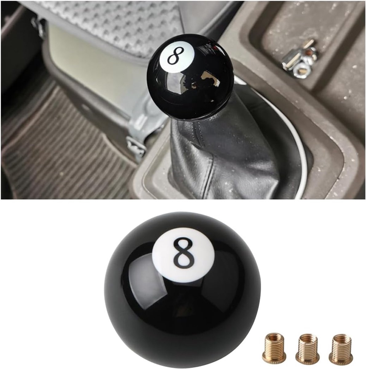 Schakelpook, versnellingspook voor auto met 3 universele adapters, versnellingspook, acryl, zwart, 8 biljartballen, voor de meeste auto's