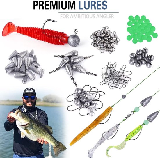 Visaas aas visgerei inclusief crankbaits, spinnerbaits, plastic wormen, mallen, topwater kunstaas, visgerei doos en meer visgerei kunstaas kit set, 102/302 stuks vissen lokken visgerei — afbeelding 4