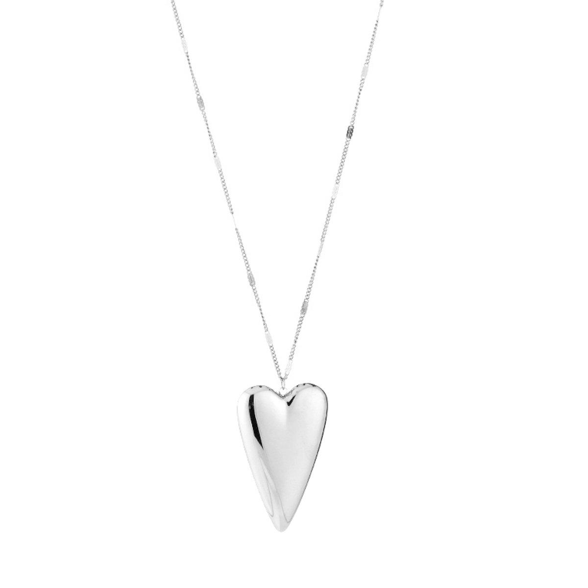 XL Puffed Heart Pendant Cable Chain Necklace – Fijne Ketting met XL Hart – RVS - Zilver