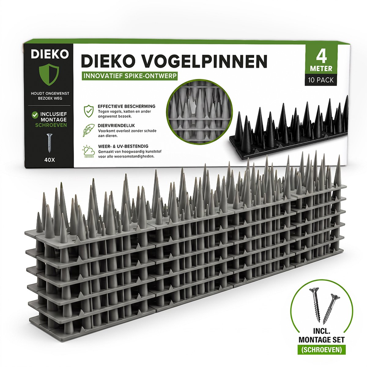Dieko Duivenpinnen Grijs 4 Meter incl. 40 RVS Montageschroeven – Buigbare Vogelpinnen – Duivenverjager – Vogelwering – Vogelverjager – Duivenwering – Anti Klim Strips – UV-Bestendig – Onderhoudsvrij – Voor Schutting, Dakrand, Vensterbank & Balkon