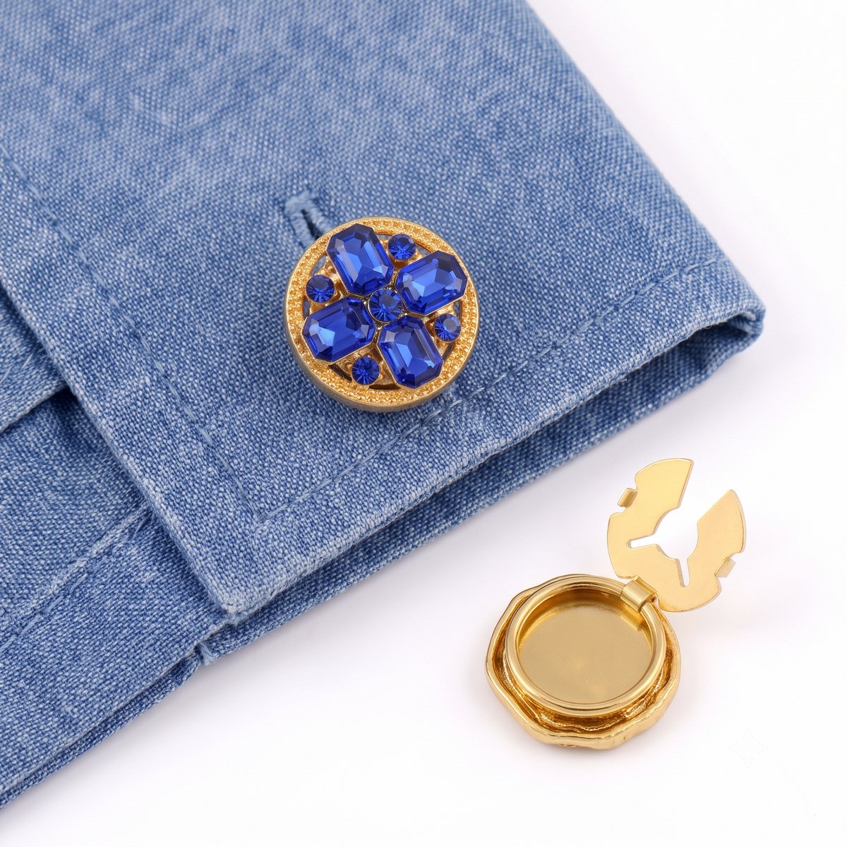 Button Covers Set van 2 - Knoop Covers voor Overhemden & Blouses - Met Kristallen & Strass Steentjes - Manchetknopen Alternatief - Accessoires Cadeau - Blauw