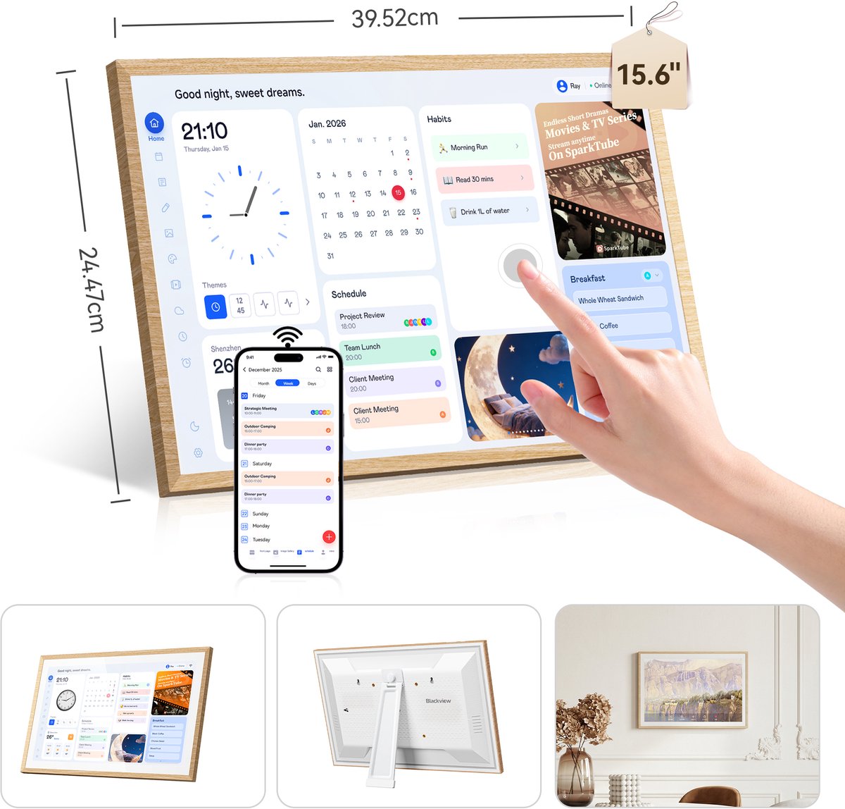 Blackview NEST15 – Digitaal fotolijstje – 15,6 inch FHD IPS-touchscreen – Oogvriendelijk ontwerp met houtnerf – Real-time fotosynchronisatie – Geschikt voor thuis en op kantoor – Natuurlijke houtkleur