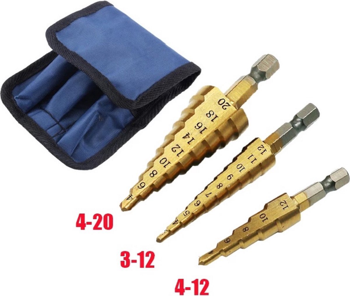 Stappenboor - Boor - Boorkop - Bit set - Hout en metaal boren - Trapboor - Step drill bit - Titanium coating - Boorset - Met opbergetui - Set van 3-12 mm / 4-12 mm / 4-20 mm - Jonyx