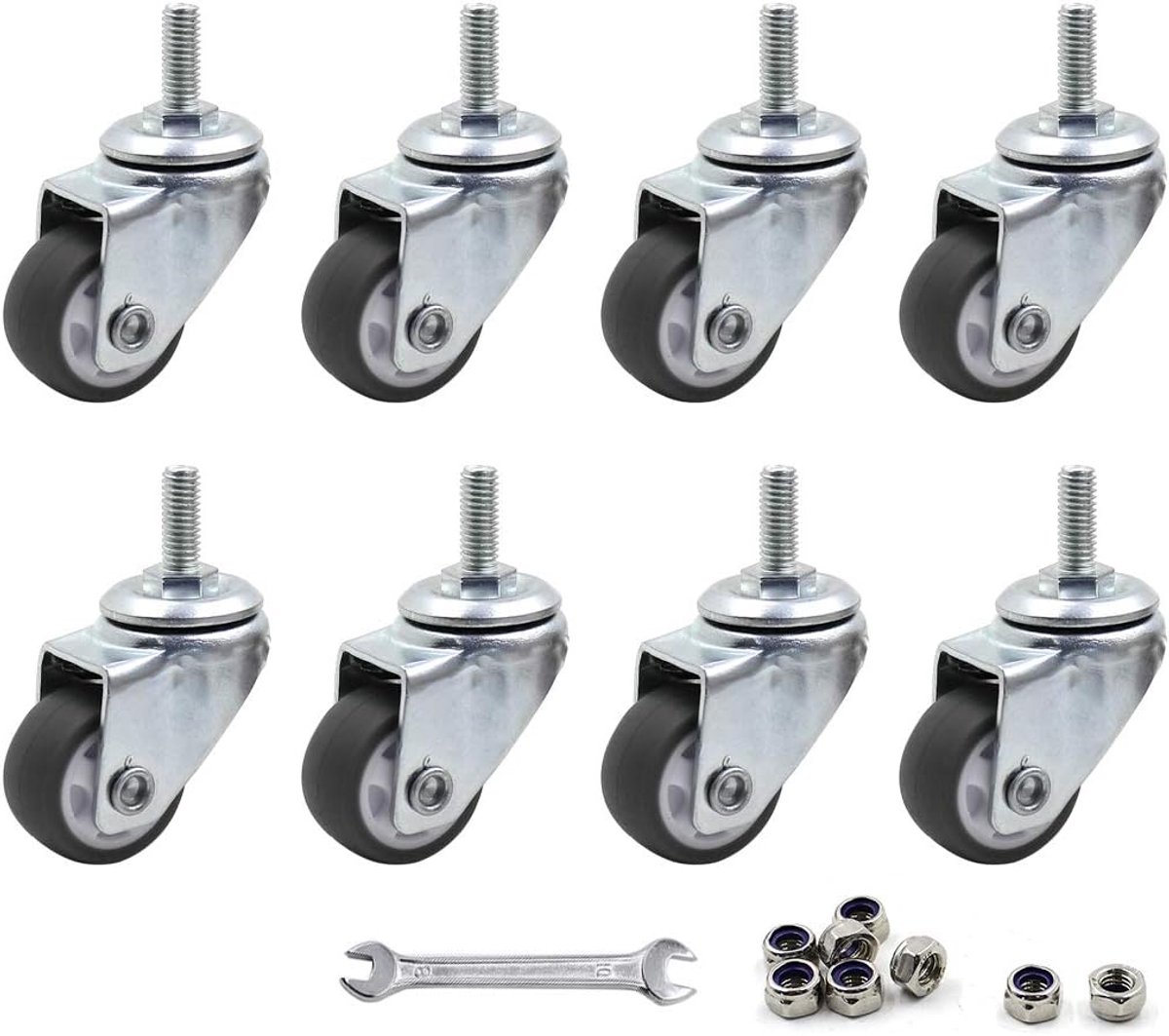 8 stuks 2,5 cm zwenkwielen met zwenkwielen voor kleine kleine winkelwagentjes, trolleywiel, geen geluid, TPE M6 x 15 mm zwenkwiel met schroefdraad, 64 kg laadvermogen