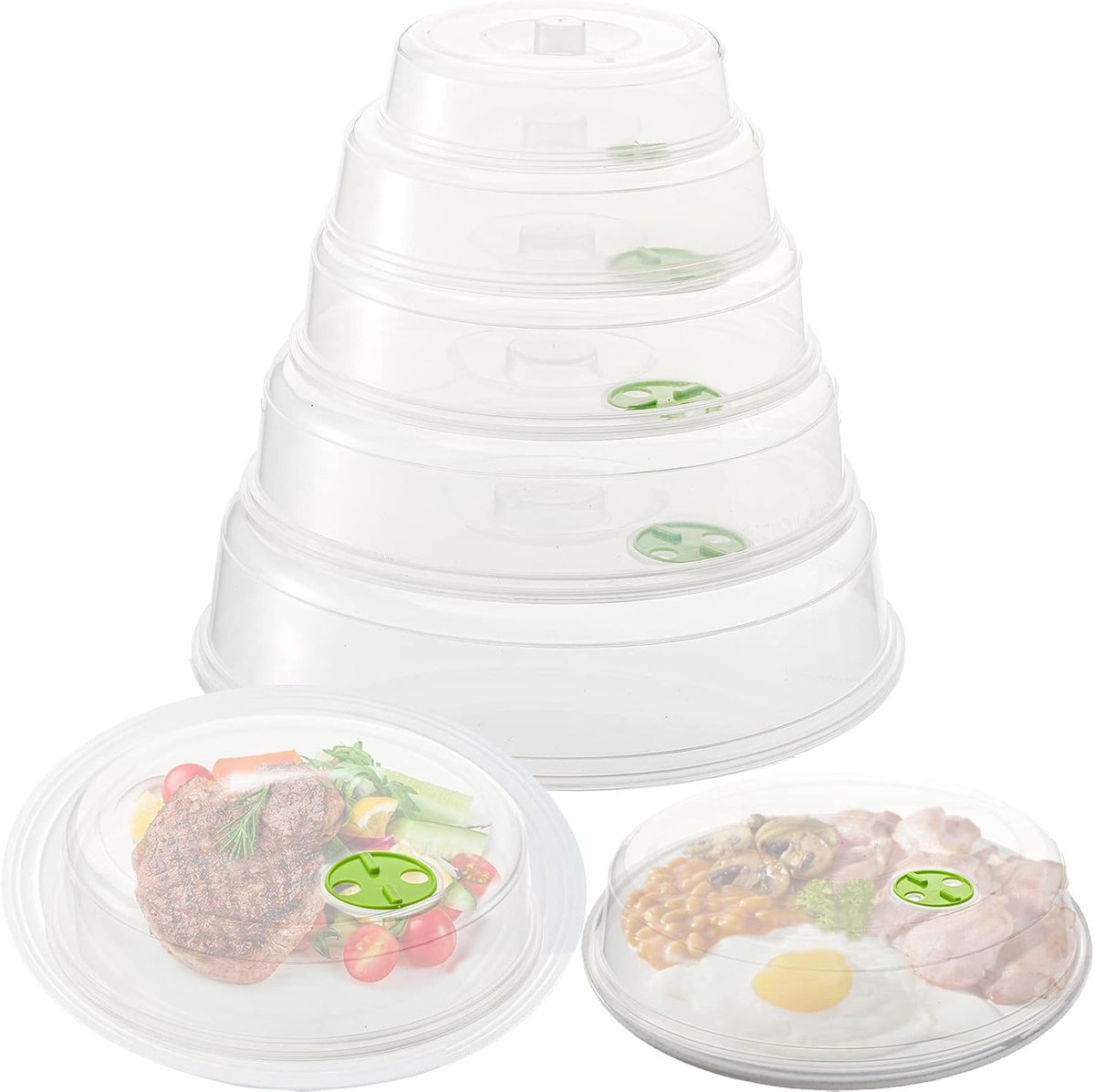 5-pack magnetronhoes voor levensmiddelen met luchtventilatie, magnetronplaat, schotelhoezen, BPA-vrij kunststof, transparante deksels, stapelbaar, vaatwasmachinebestendig, 5 maten