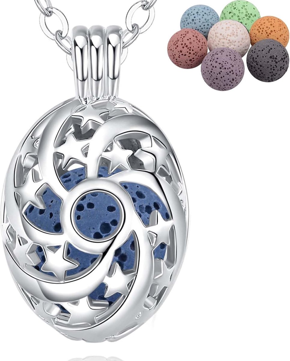 Aromatherapie sieraden Essential halskettingen, angst verlichting olie diffuser voor vrouwen meisjes, verzilverde ellipse ster hanger met 61 cm ketting en 7 herbruikbare lava-parels