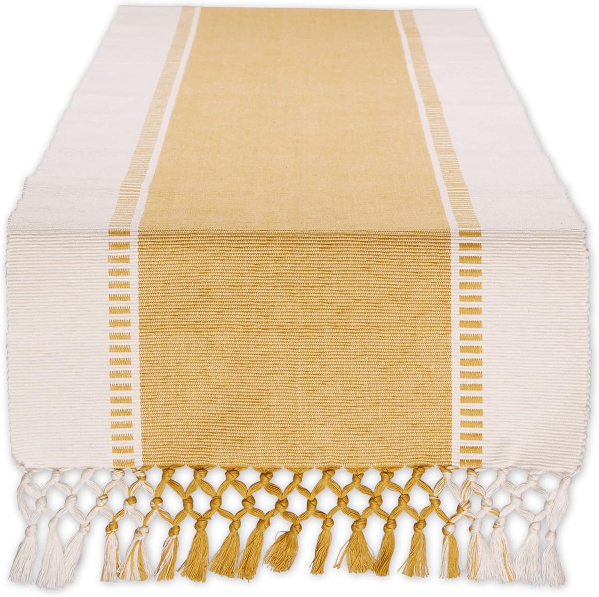 Dobbygeweven tafelloper met strepen, 33 x 274 cm (33 x 288 cm, inclusief franjes), geel (Honey Gold)