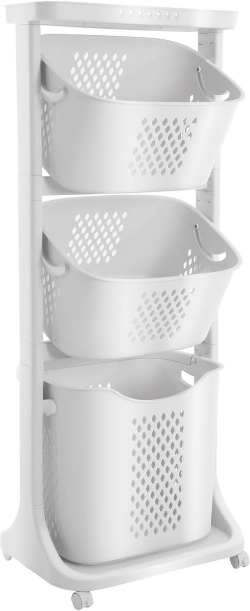 Wasmand met wieltjes, 3 vakken, wasmandwagen, meerlaagse kunststof wasverzamelaar met opbergrek, wassorteersysteem, wasverzamelbox voor slaapkamer, badkamer, wit