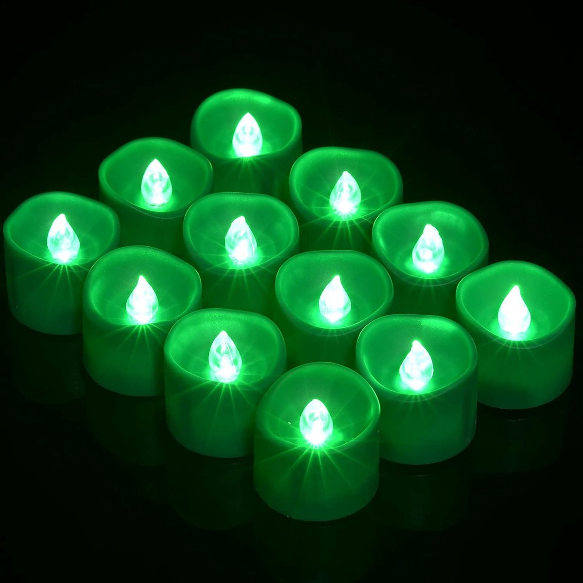 Led-kaarsen met timer, 12 stuks, flikkerende vlamloze theelichtjes, op batterijen, elektrische kaarslichten voor thuis, bruiloft, datum, decoratie, groen