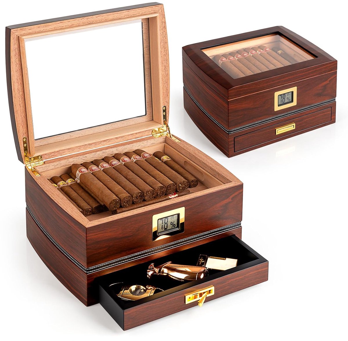 Humidors sigaren met Hygrometer aan de voorkant, Luchtbevochtiger en Accessoire Lades-Sigaar Humidor Box die voor 50-75 sigaren kan bevatten (Walnoot). | Glas-Top Humidor met accessoirelade, 2 verwijderbare verdelers en magnetische sluiting.