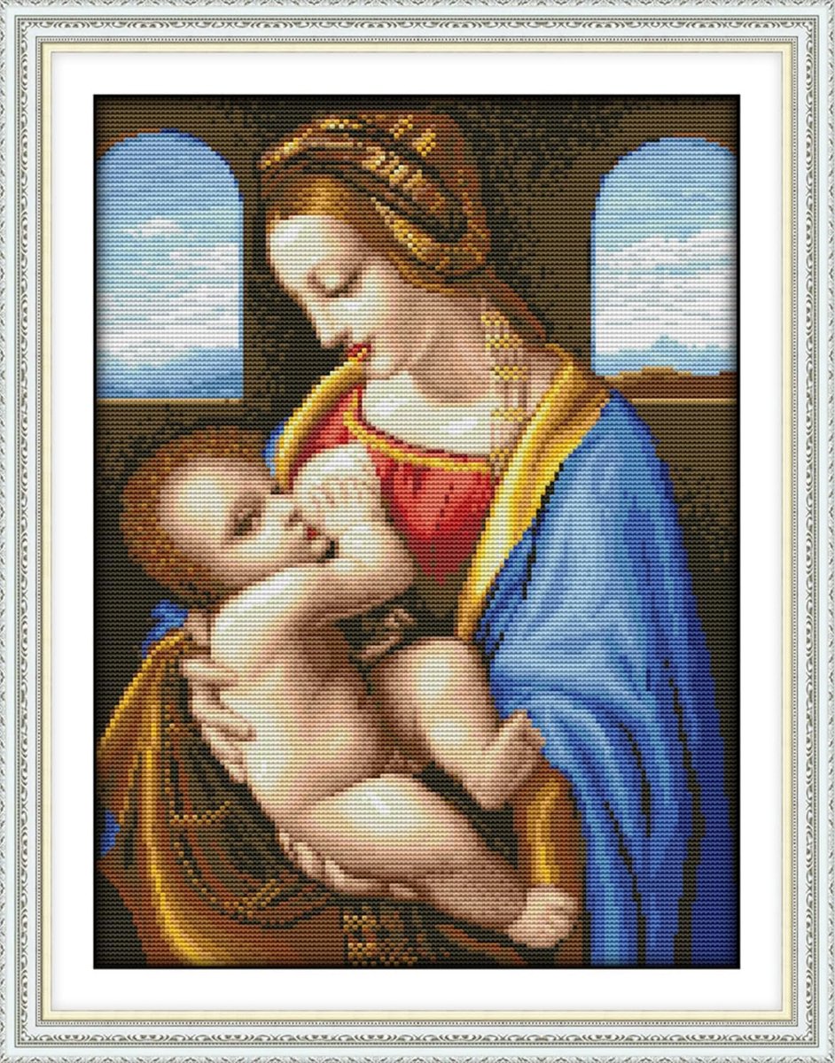 Kits voor Beginners Volwassenen, De Madonna Litta van Leonardo da Vinci Pre-Printed DIY 14ct Borduurwerk Naaien Starter Kit Handwerken Gemakkelijk Patronen