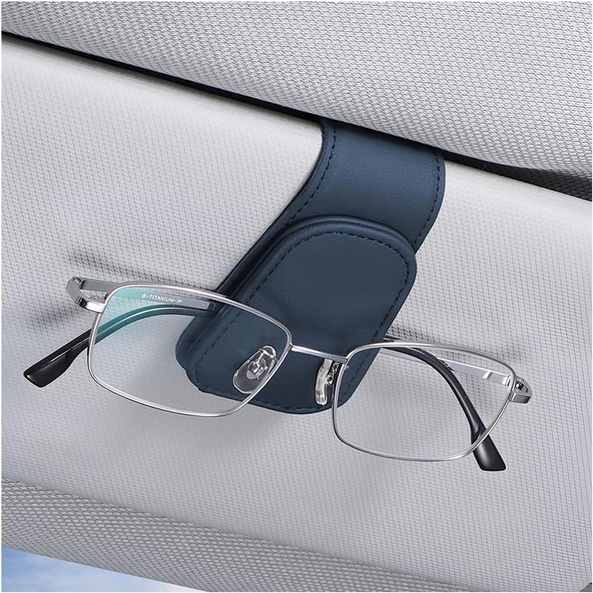 Brilhouder voor auto, magnetisch, van leer, clip voor brillen voor auto, zonnebrilhouder, universeel, met kaartclip (blauw)