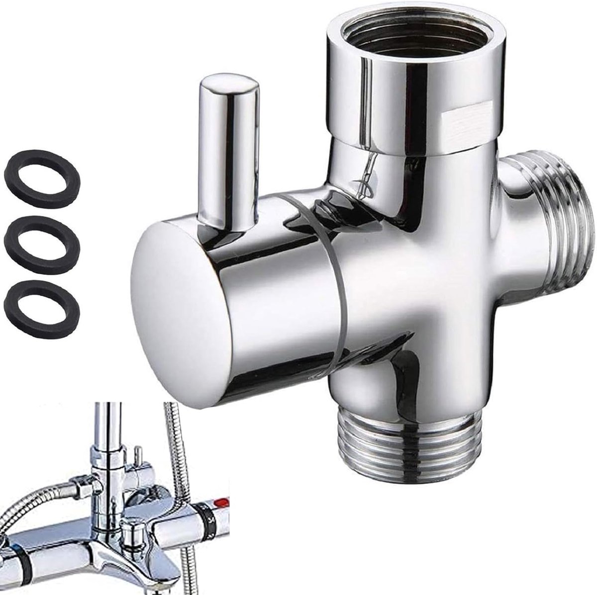 3-weg douchearm omschakelventiel, universele T-adapter, messing splitter G1/2 inch, reserveonderdeel voor handdouchekop/vaste sproeikop, chroom