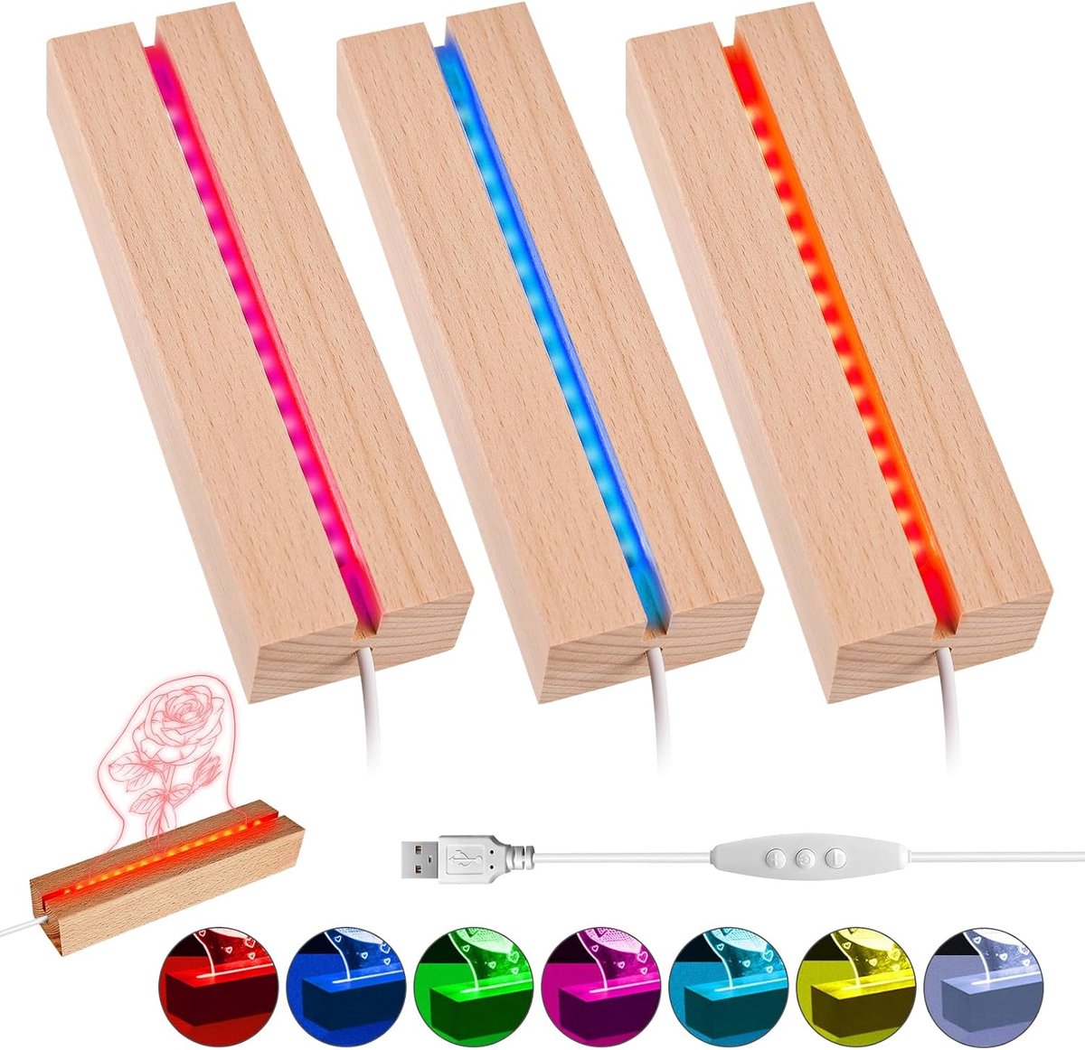 LED-displayvoet, 3 stuks houten LED-voet met USB, rechthoekige voet met LED voor acrylplaat, kristallen plaat, lengte 15 cm, 7 instelbare kleuren