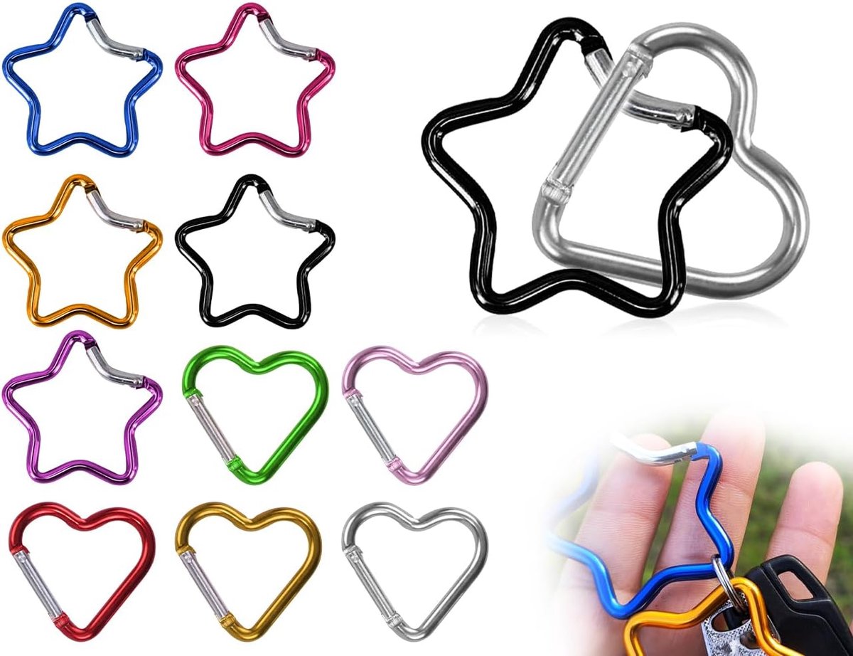 10 stuks Niet klimmende karabijnhaken, aluminium Niet klimmende karabijnhaken, sleutelhanger, doe het zelf accessoires, voor wandelen, sport, kamperen (ster en hart)