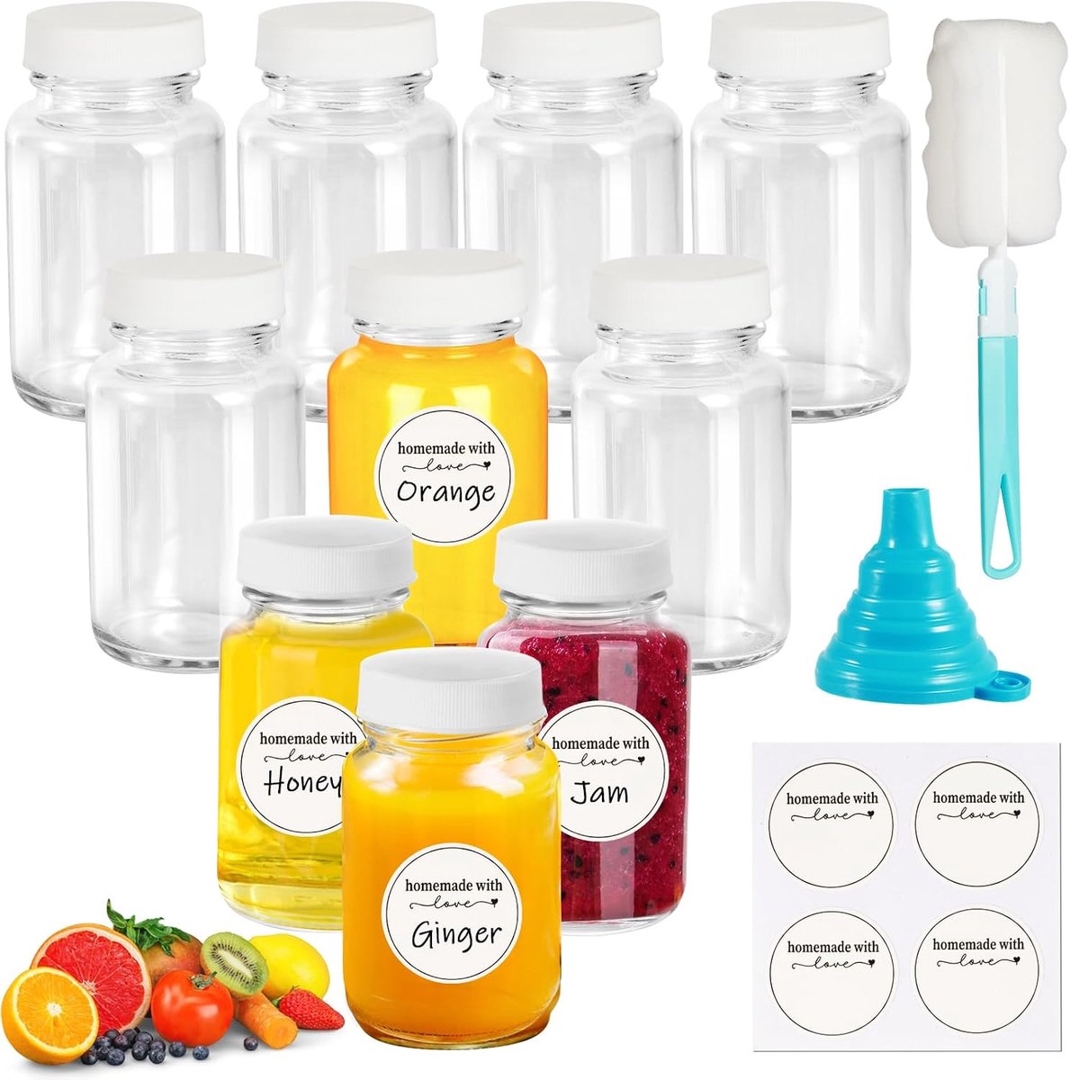 10 Stuks Glazen Shotflessen met Deksel, 60ml Ginger Shot Flesjes met Labels, Trechters en Borstels,Kleine Flesjes Om te Vullen, Draagbare Miniflessen voor Gember, Sappen, Kruiden, Jam