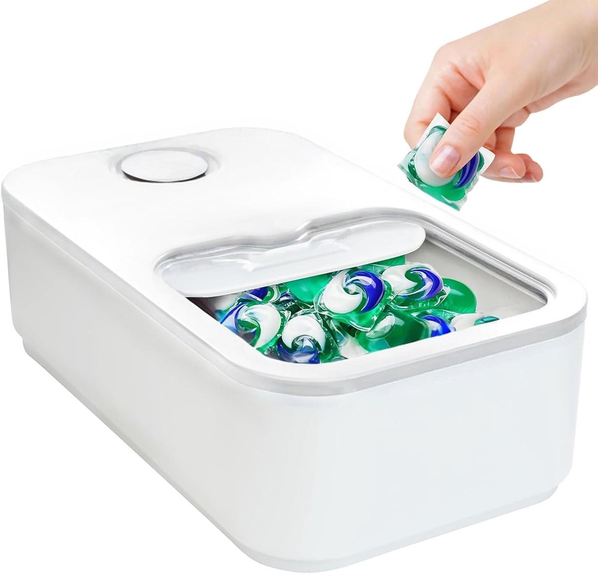 opslag voor 100 waspods, wasmiddelbox met schuifdeksel, wasmiddelorganizer met maatbeker en tijdregistratie, wasmiddelhouder voor waspoeder (1, wit)