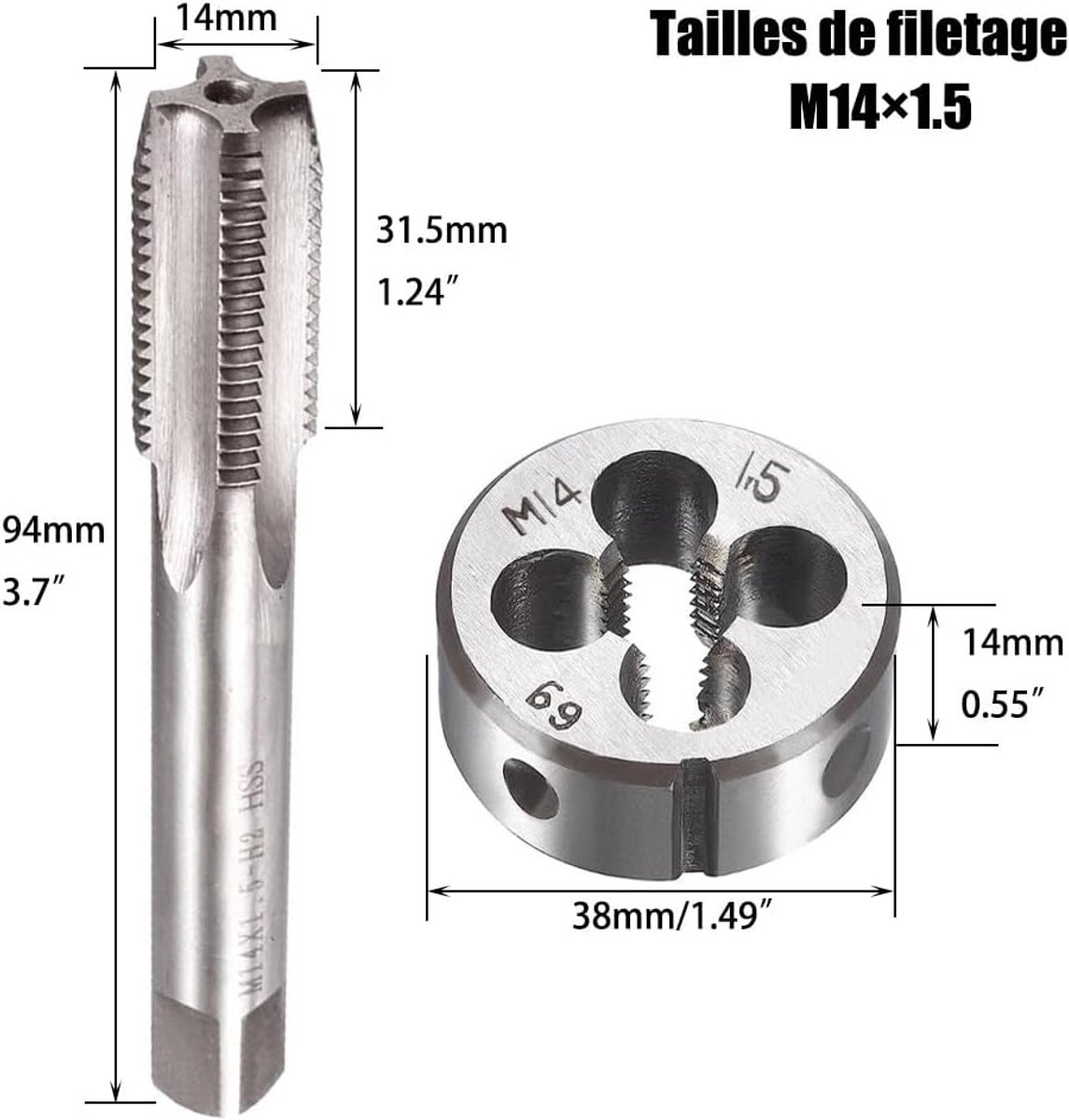 x 1,5 metrische taps en kabelhakken, M14 x 1,5 mm HSS tap- en schroefdraadset rechte schroefdraad