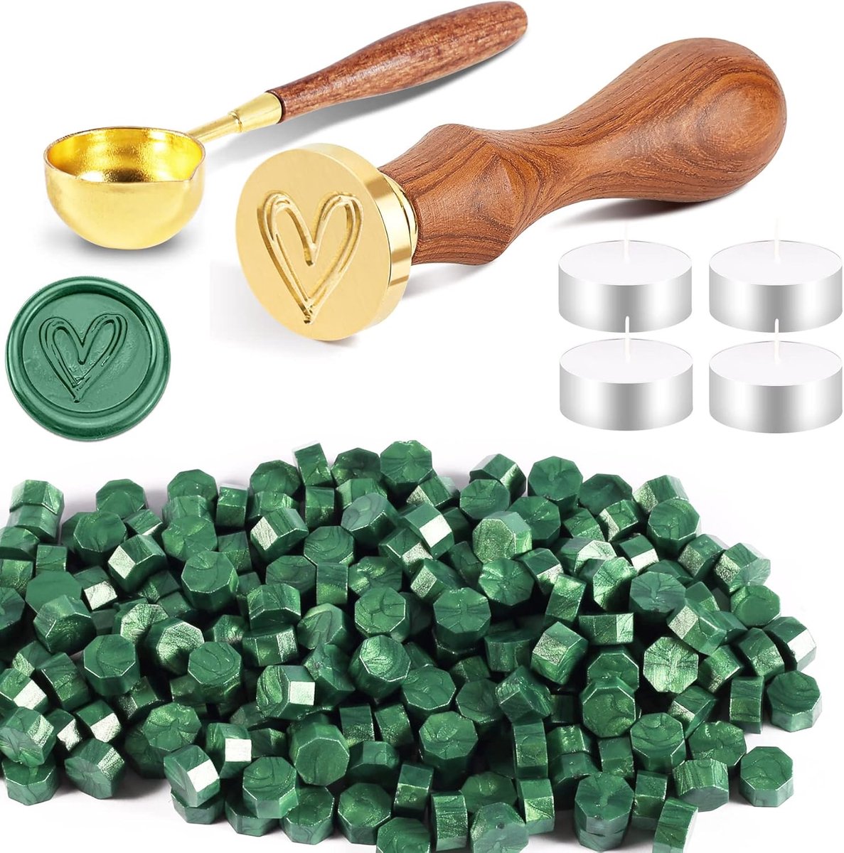 200 stuks zegelwax-kralenset, waszegelstempel met 1 zegelstempel, 1 smeltlepel, 4 theelichtjes, zegellakkralenset voor envelop, uitnodigingen, kaarten, cadeau (hart, groen)